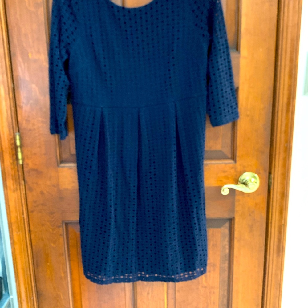 Maternity 3/4 sleeve navy eyelet dress